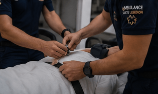 Ambulanciers préparant un brancard pour un transport sanitaire à Cavaillon